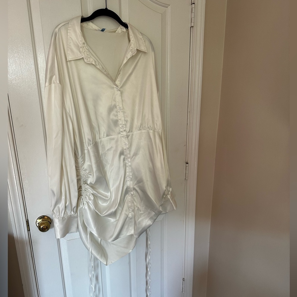 White FashionNova Satin Shirt Dress